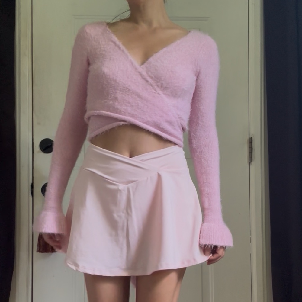 Pink Fuzzy Ballet Barre Wrap Crossover Top Cardigan
